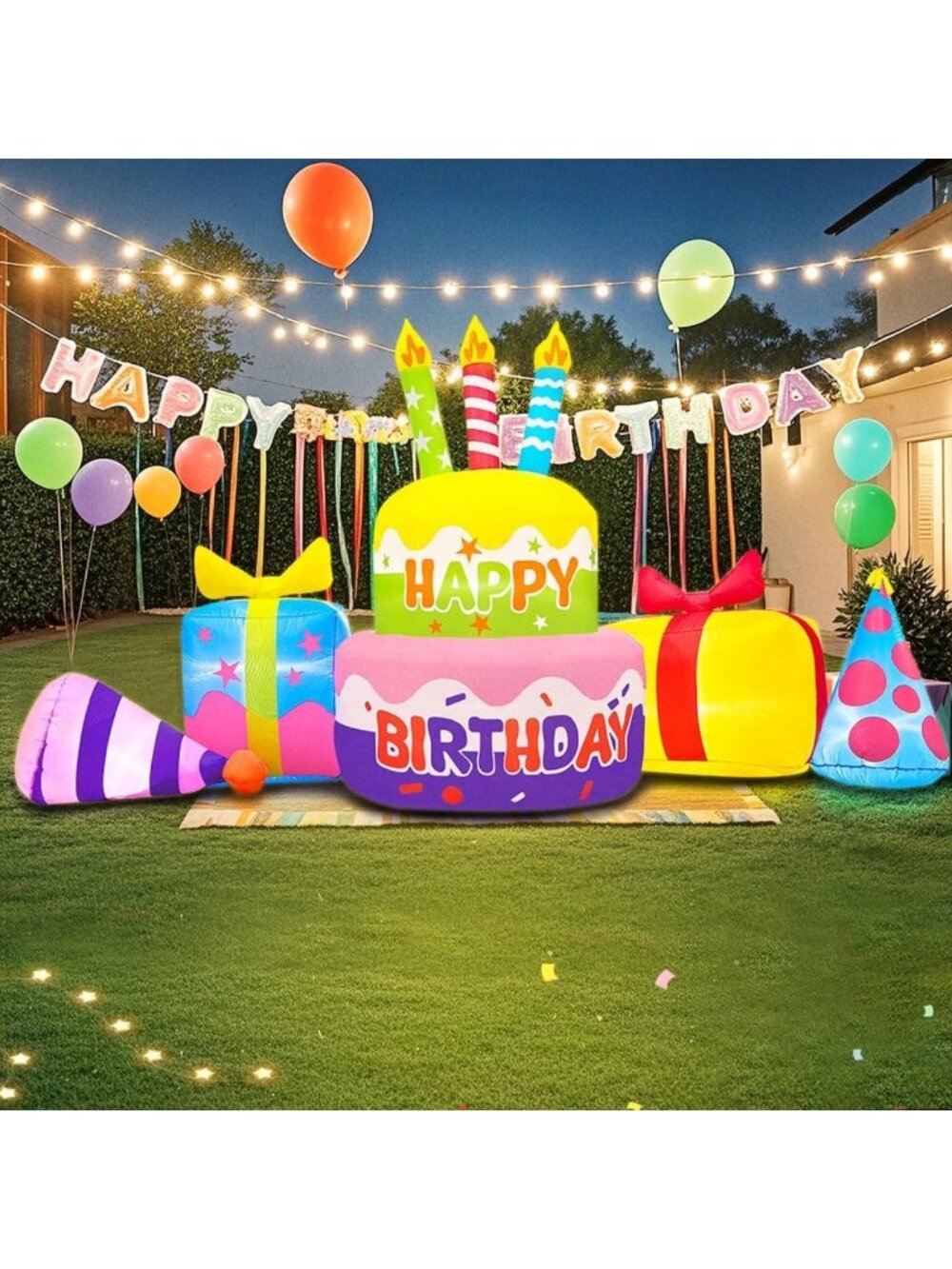 8FT Inflatable Birthday Cake Decoration with LED Lights for Outdoor & Indoor